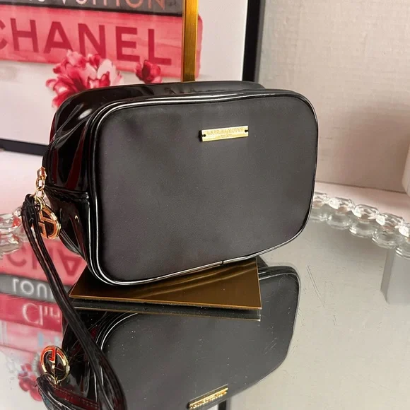 Giorgio Armani Black with Gold Accents wristlet or cosmetics bag - Picture 1 of 12